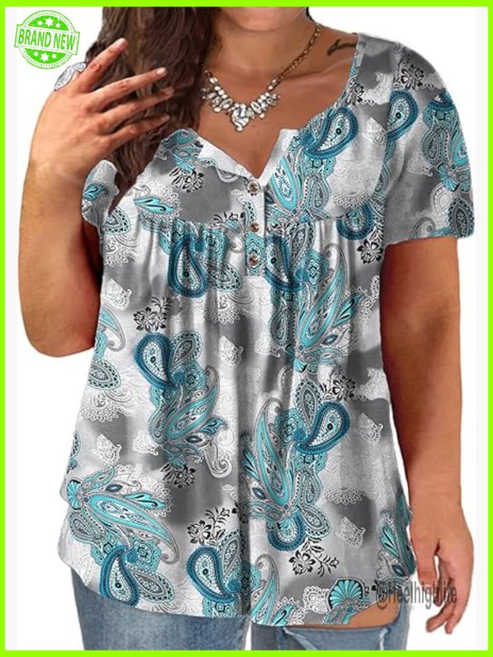 Plus Size Flowy Henley Tunic Short Sleeve Blouse
